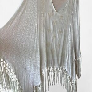 Cream fringe Cape Coachella Blouse w/ embroidered tan flowers Sz XL